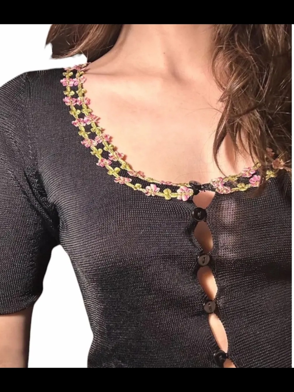 Vintage Betsey Johnson Black Floral Ribbon Cardigan Top Y2K Size M